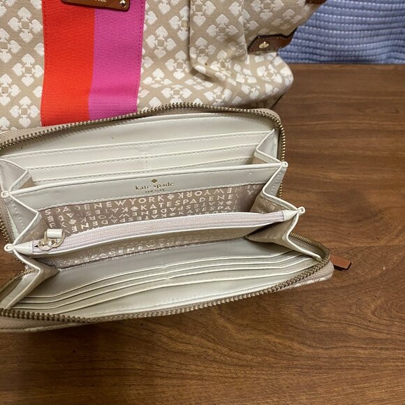 Large Kate Spade Tote Bag Brown Leather & Canvas W/ Wallet & Dust Bag - Picture 4 of 13